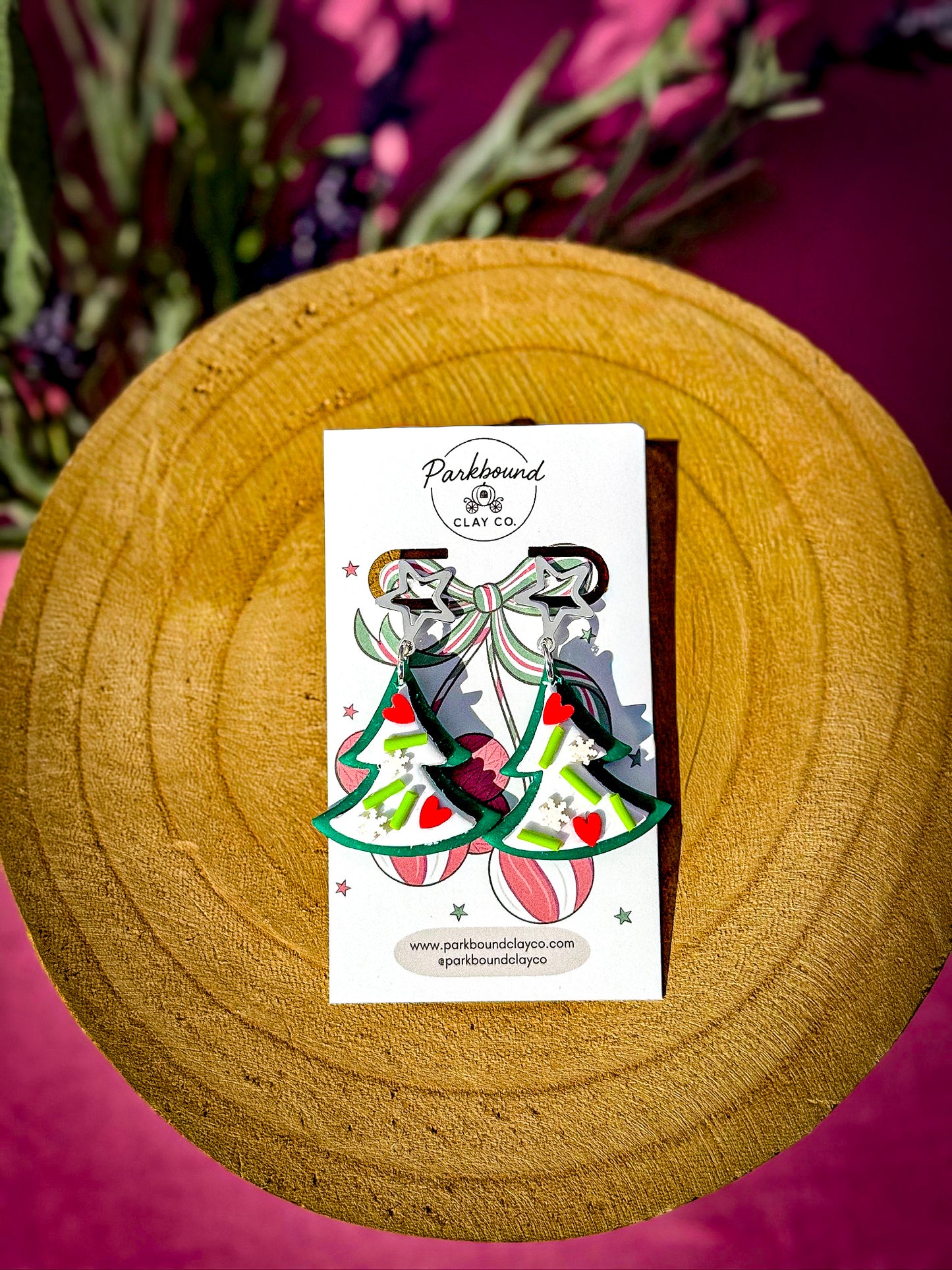 Heart Christmas Tree Earrings | Handmade Holiday Polymer Clay Earrings