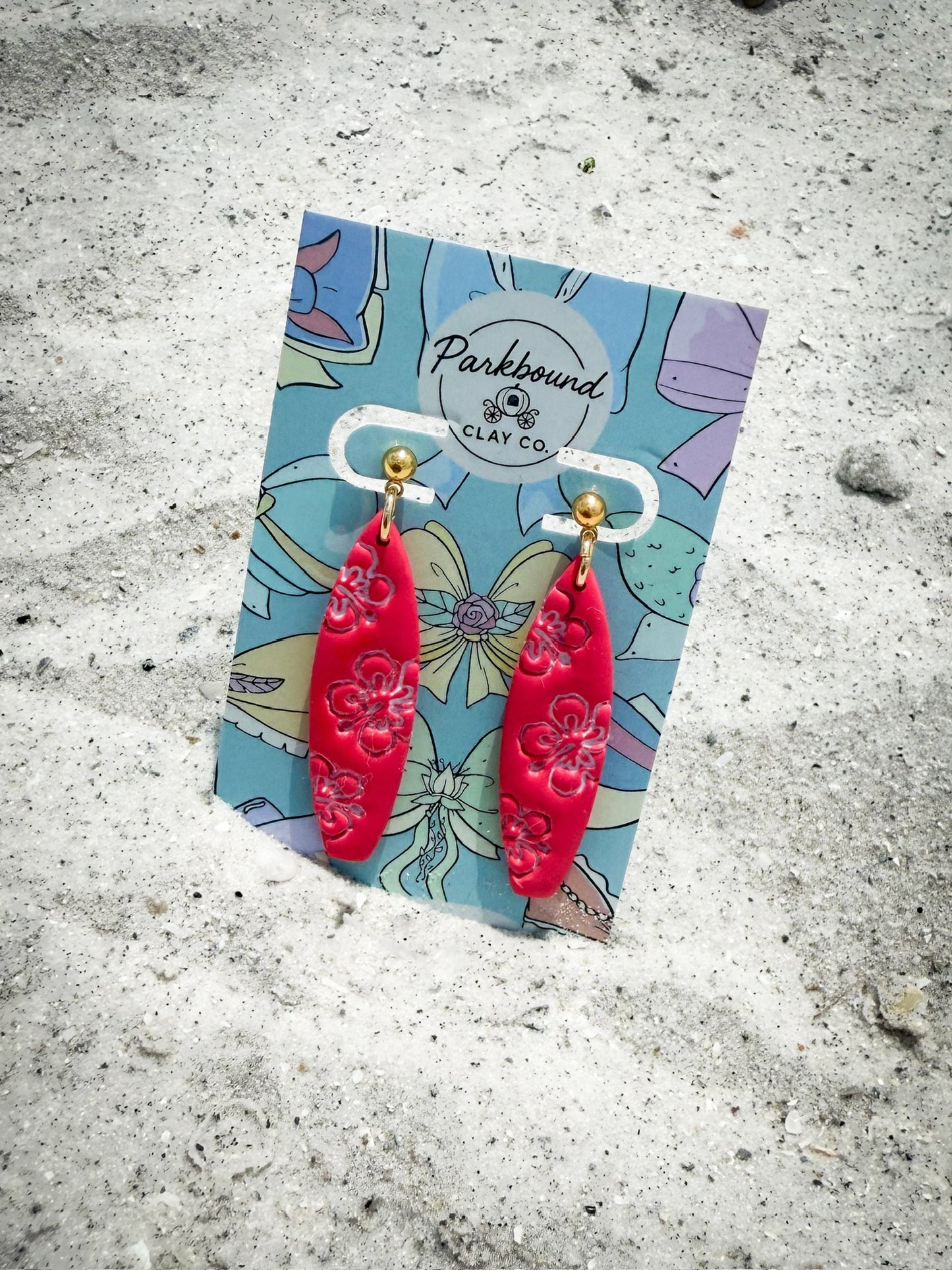 Stitch Surfboard Earrings | 626 Inspired Pink Floral Dangles | Beachy Polymer Clay Earrings