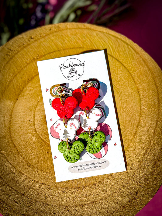 Holiday Mickey Head Trio Earrings | Christmas Polymer Clay Earrings