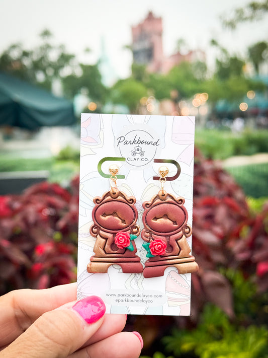 Cogsworth-Inspired Earrings | Beauty and the Beast Clay Earrings | Enchanted Rose Detail | Disneybound Jewelry