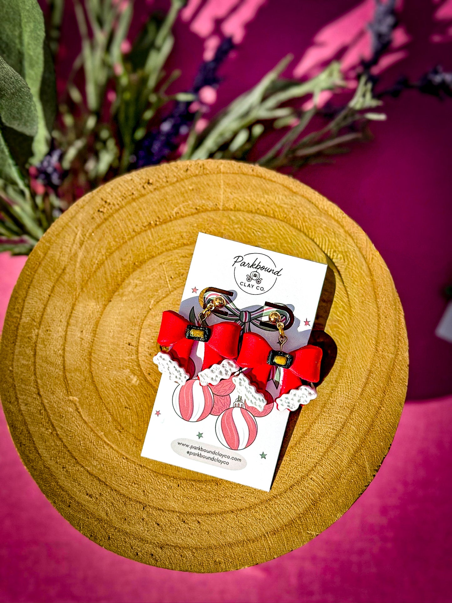Santa Bow Earrings | Holiday Polymer Clay Earrings