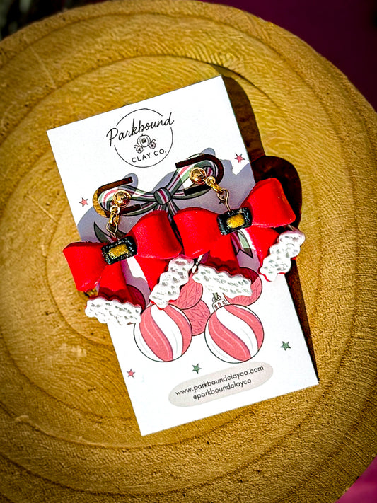 Santa Bow Earrings | Holiday Polymer Clay Earrings