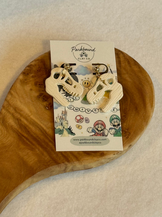Jurassic Park Inspired Fossil Earrings | T-Rex Skull Dangles | Dinosaur Theme Park Style | Lightweight Polymer Clay Earrings