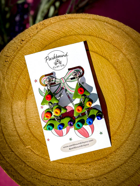 Colorful Christmas Tree Earrings | Holiday Polymer Clay Earrings