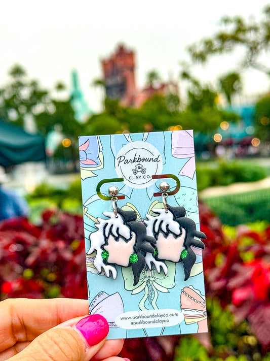 Cruella-Inspired Earrings | Handmade Black & White Hair Earrings with Green Glitter Accents | Disney Villain Jewelry