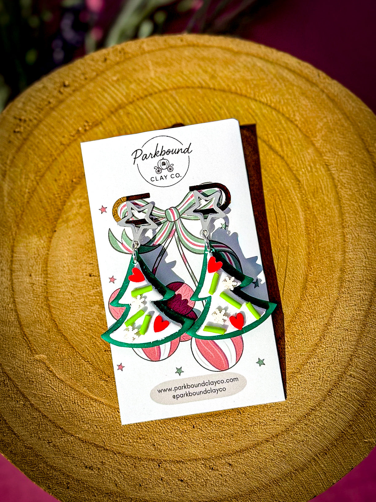 Heart Christmas Tree Earrings | Handmade Holiday Polymer Clay Earrings