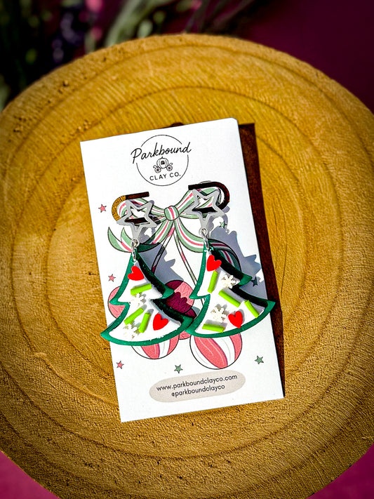 Heart Christmas Tree Earrings | Handmade Holiday Polymer Clay Earrings