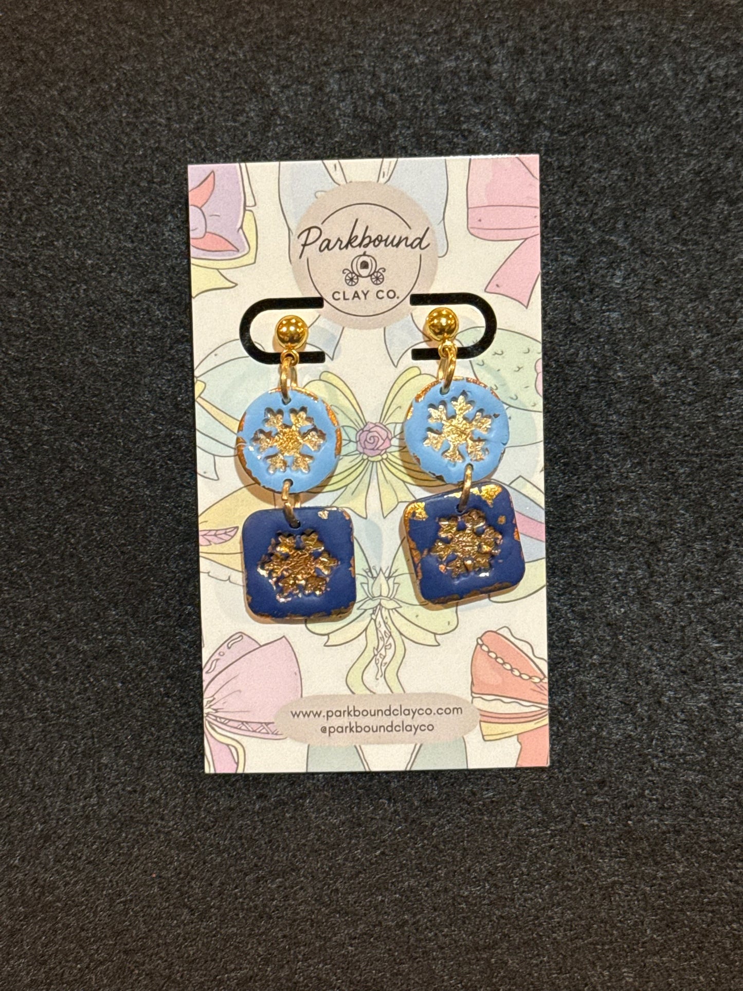 Winter Snowflake Dangles | Blue & Gold Polymer Clay Statement Jewelry