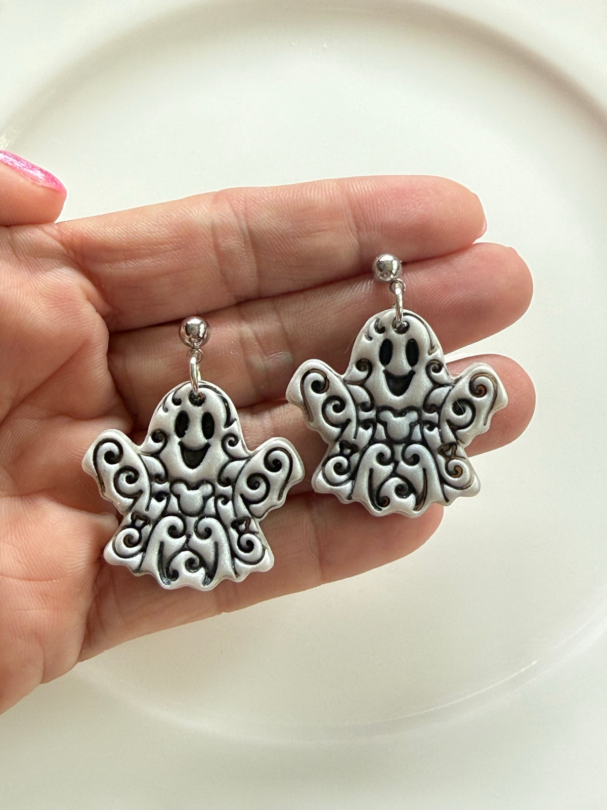 Swirly Ghost Earrings | Silver & Black Spooky Halloween Earrings