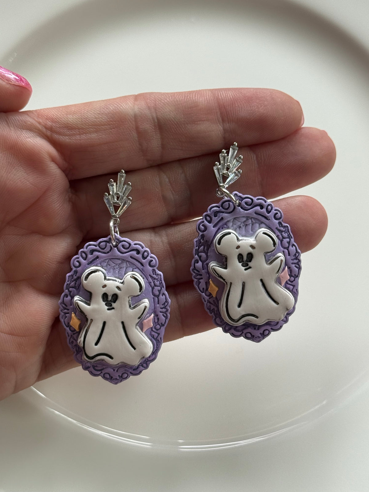 Mouse Ghost Cameo Earrings | Spooky Cute Purple Halloween Earrings