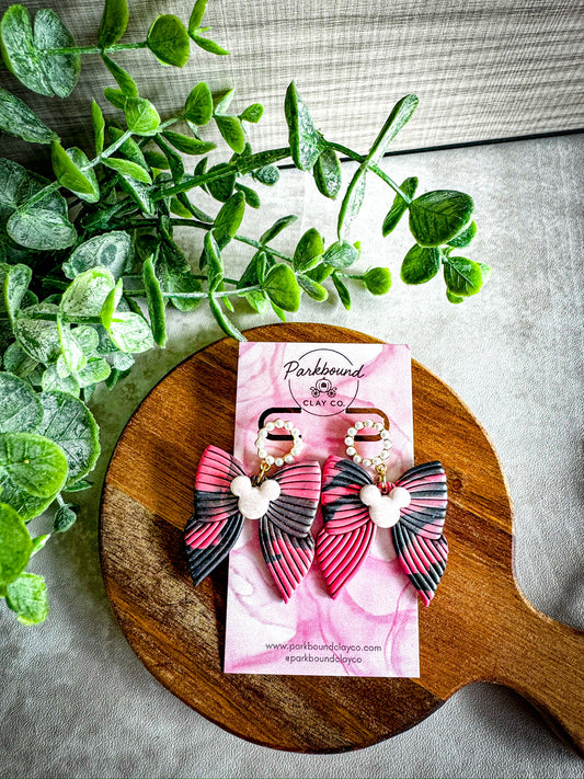 Pink & Black Bow Earrings – Whimsical and Playful