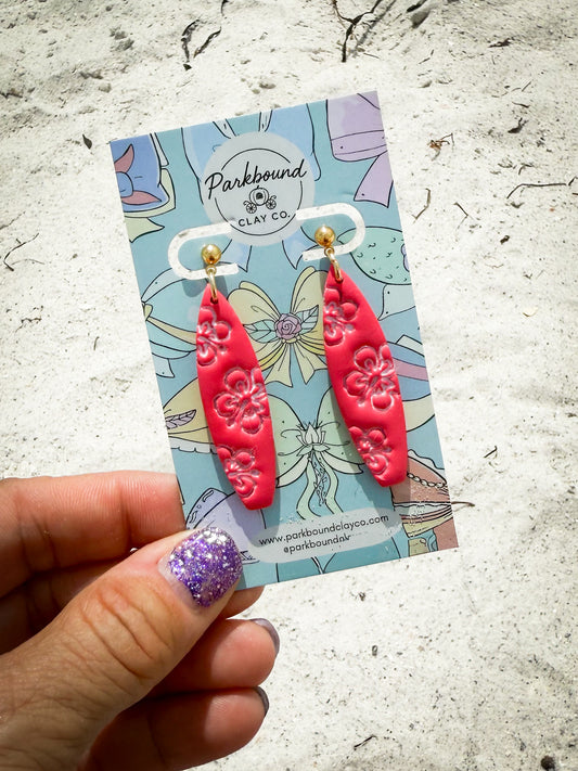 Stitch Surfboard Earrings | 626 Inspired Pink Floral Dangles | Beachy Polymer Clay Earrings