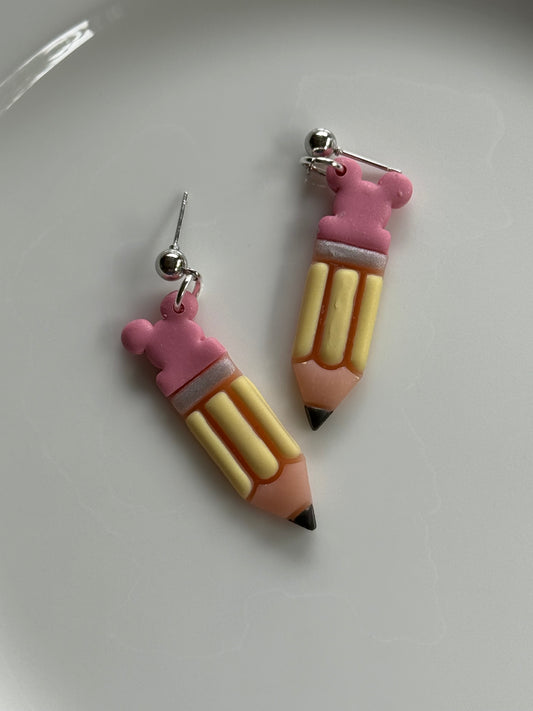 Mouse Pencil Earrings | Pink Back to School Polymer Clay Teacher Earrings