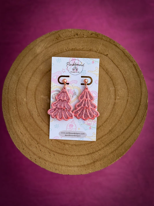 Pink Christmas Tree Earrings | Handmade Polymer Clay Earrings | Holiday Jewelry | Parkbound Clay Co