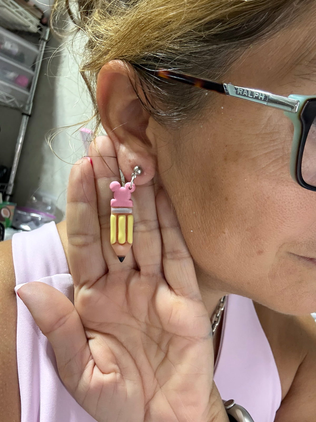 Mouse Pencil Earrings | Pink Back to School Polymer Clay Teacher Earrings