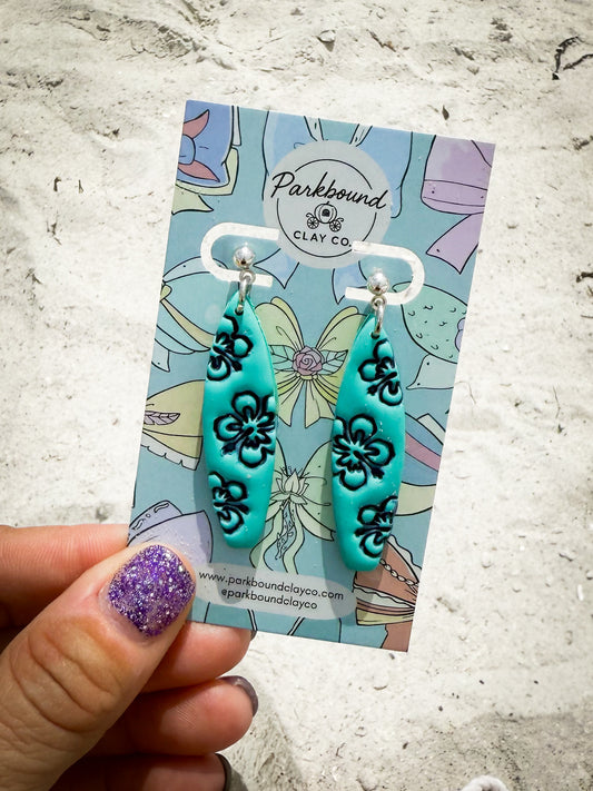 Teal Surfboard Earrings | Tropical Floral Dangles | Summer Beach Vibes | Polymer Clay Earrings