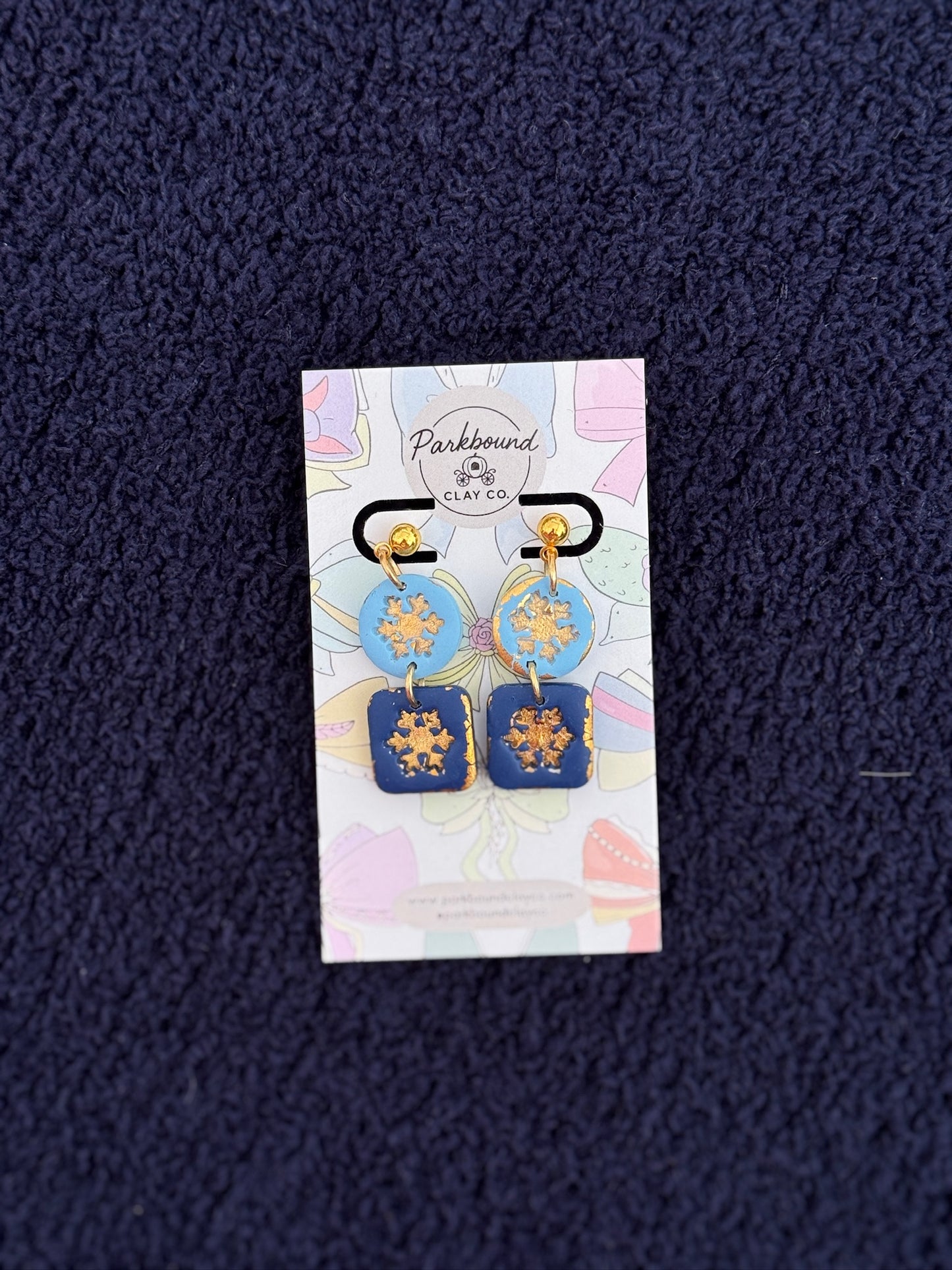 Blue & Gold Snowflake Earrings | Handmade Polymer Clay Winter Jewelry | Parkbound Clay Co