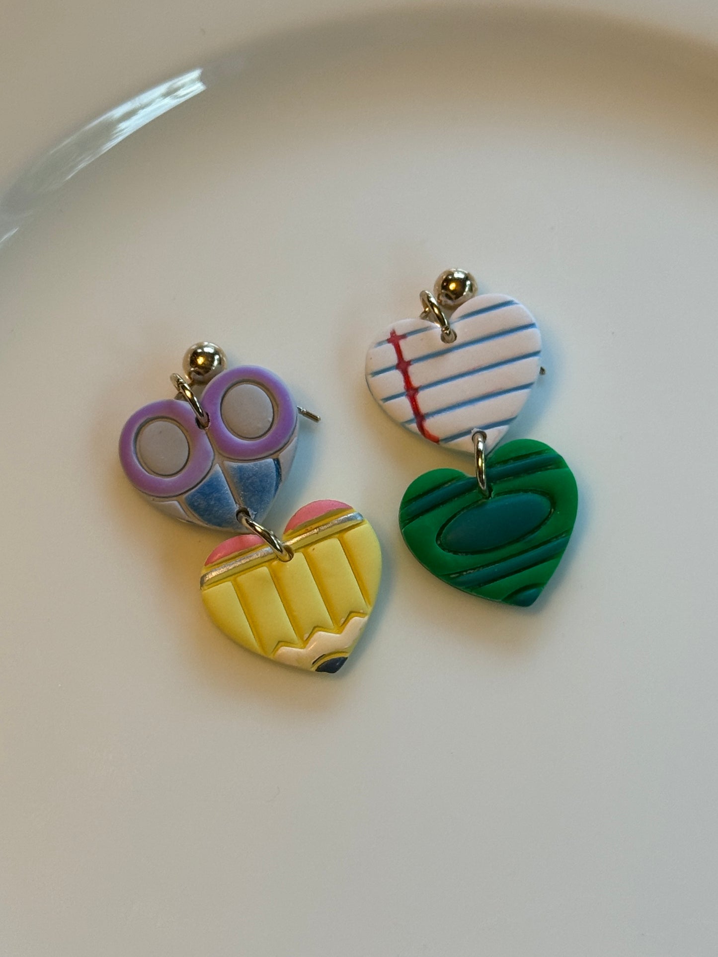 Teacher Love Polymer Clay Heart Earrings | Pencil, Notebook, Crayon & Scissors