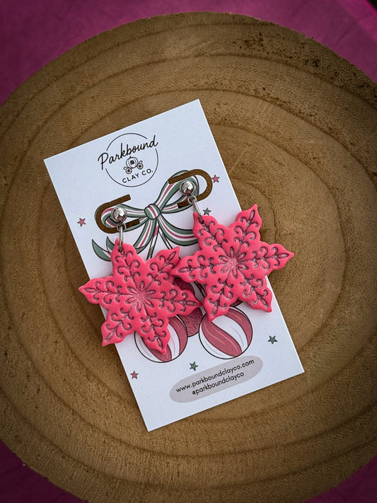 Pink Snowflake Earrings | Handmade Polymer Clay Earrings | Winter & Holiday Collection | Parkbound Clay Co