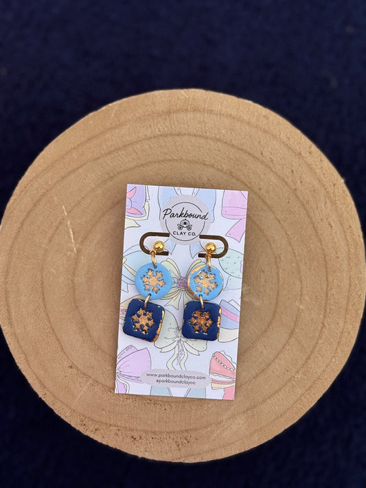 Blue & Gold Snowflake Earrings | Handmade Polymer Clay Winter Jewelry | Parkbound Clay Co