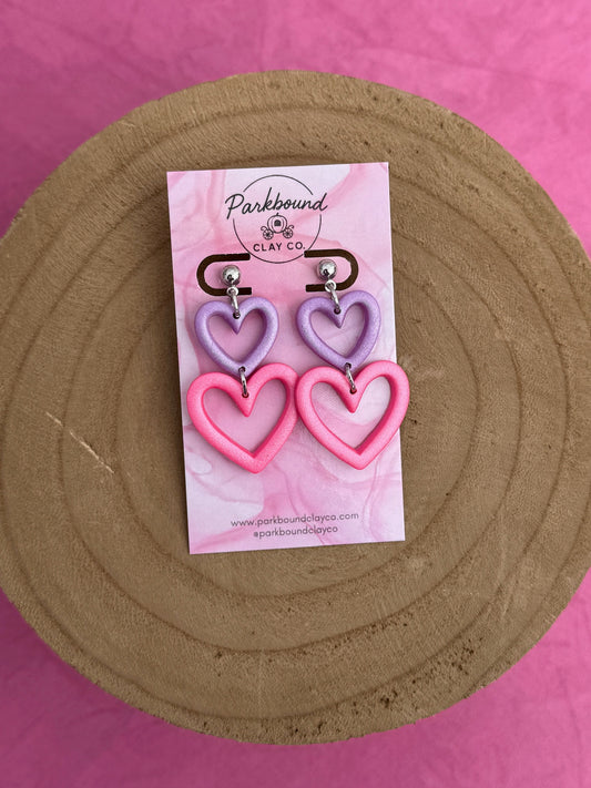 Double Heart Dangle Earrings – Pink & Lavender