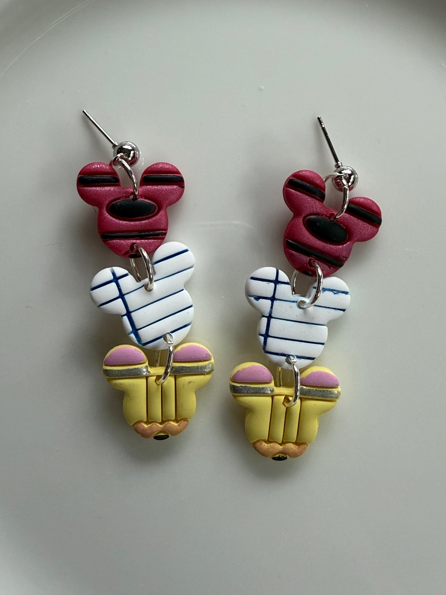 Mouse-Inspired Back to School Polymer Clay Dangle Earrings | Crayon, Notebook & Pencil Earrings