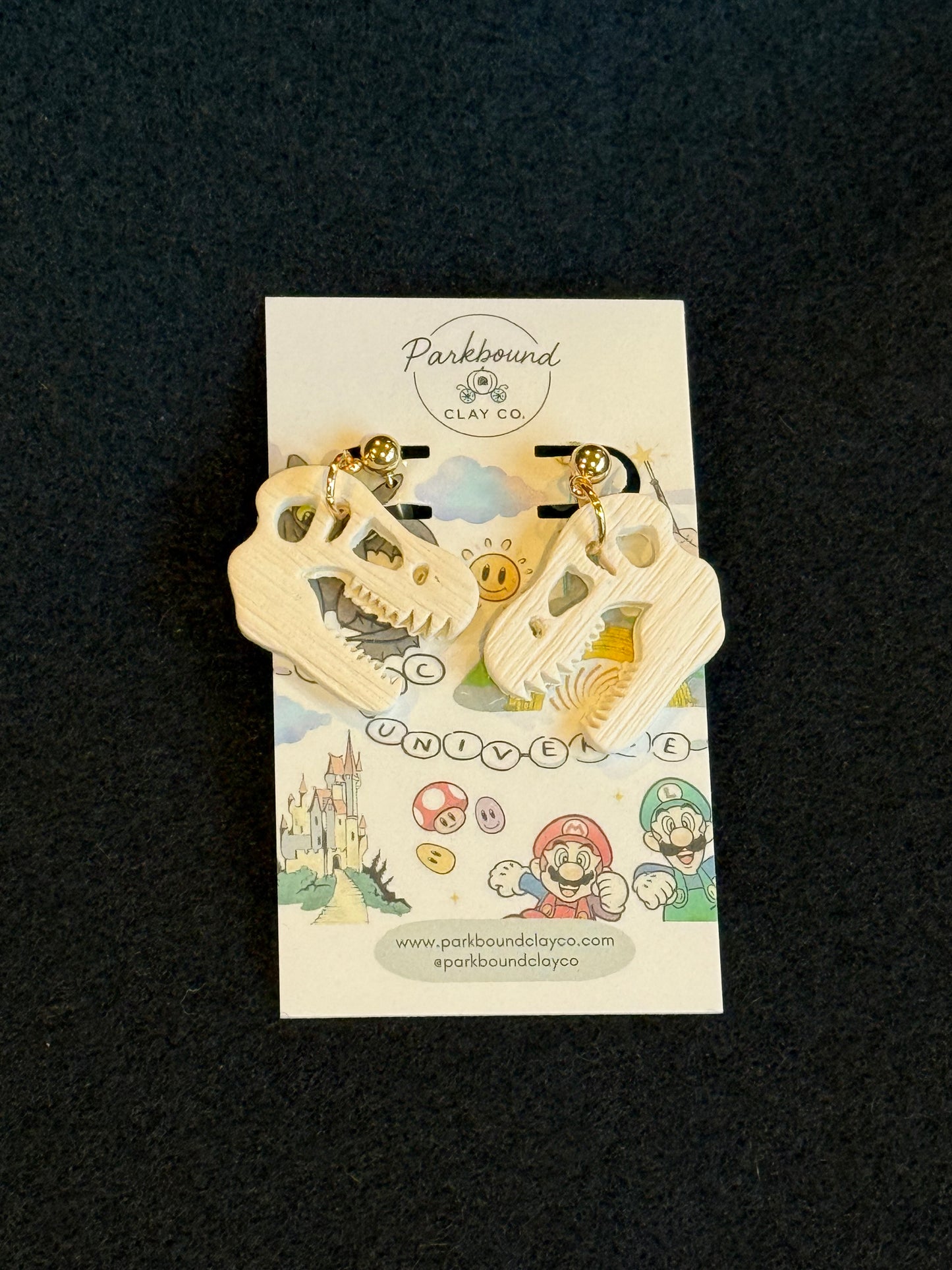 Jurassic Park Inspired Fossil Earrings | T-Rex Skull Dangles | Dinosaur Theme Park Style | Lightweight Polymer Clay Earrings