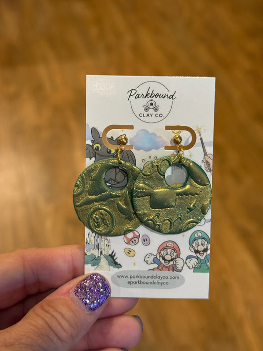 Wizard-Inspired Green & Gold Earrings – Enchanted Style
