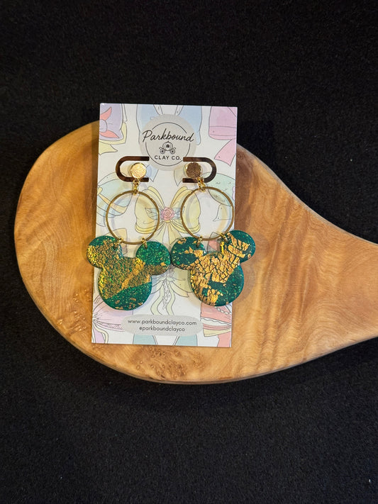Emerald Magic Mouse Earrings | Green & Gold Foil Dangle Hoops | Handmade Polymer Clay Disney-Inspired Jewelry