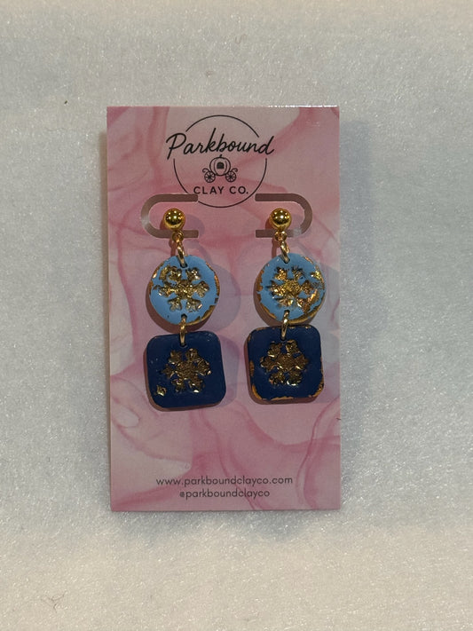Winter Snowflake Dangles | Blue & Gold Polymer Clay Statement Jewelry