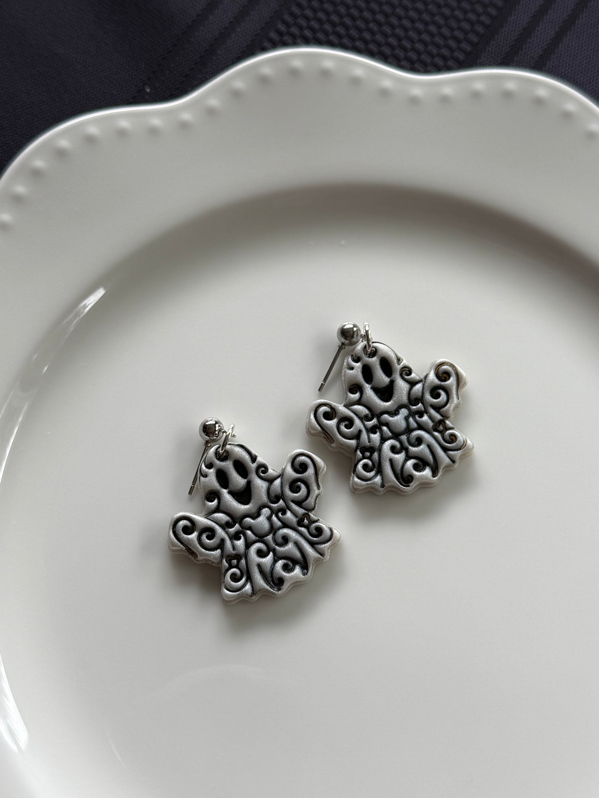 Swirly Ghost Earrings | Silver & Black Spooky Halloween Earrings