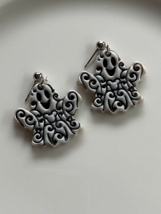 Swirly Ghost Earrings | Silver & Black Spooky Halloween Earrings
