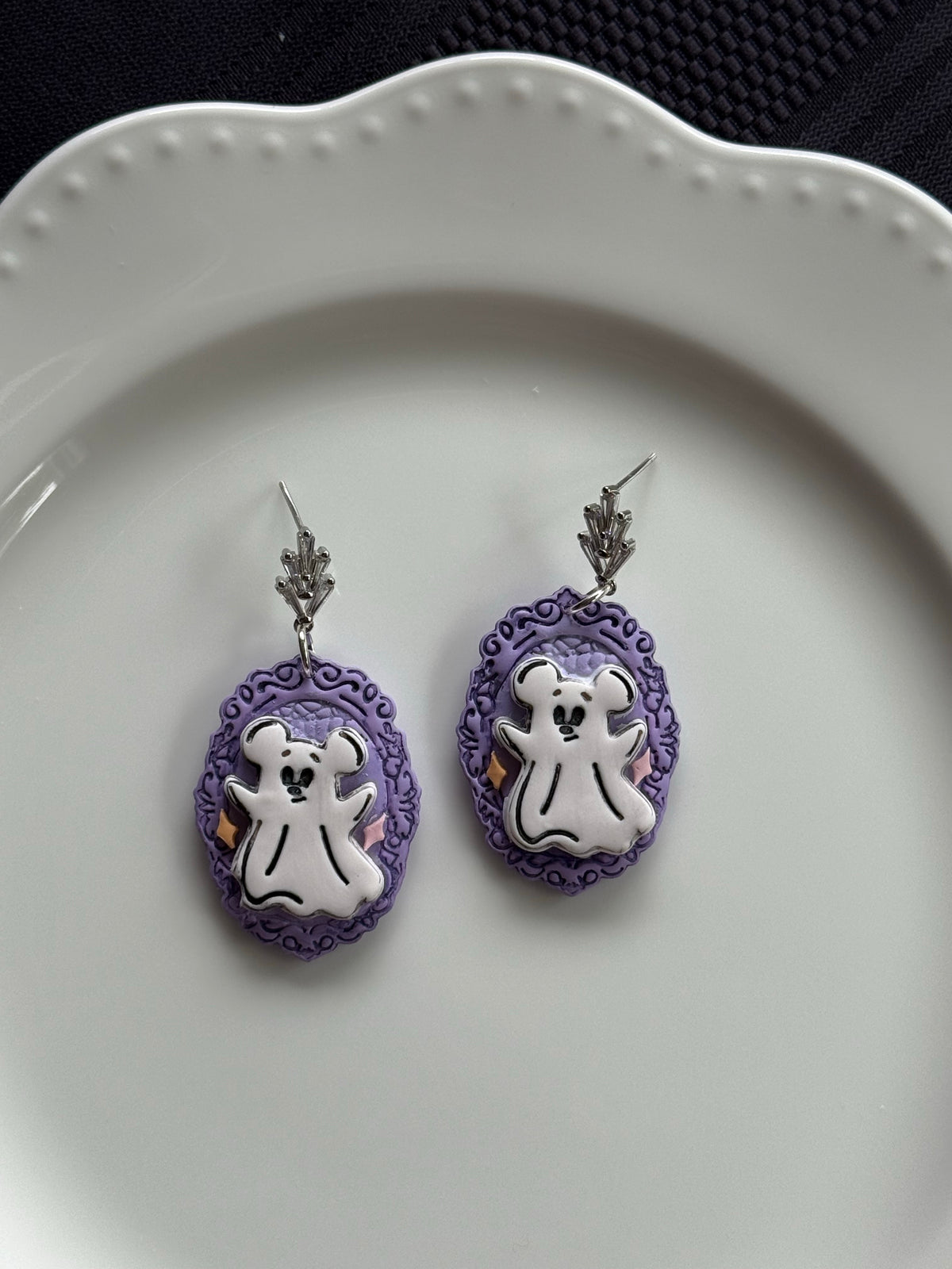 Mouse Ghost Cameo Earrings | Spooky Cute Purple Halloween Earrings