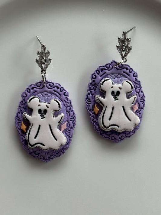Mouse Ghost Cameo Earrings | Spooky Cute Purple Halloween Earrings